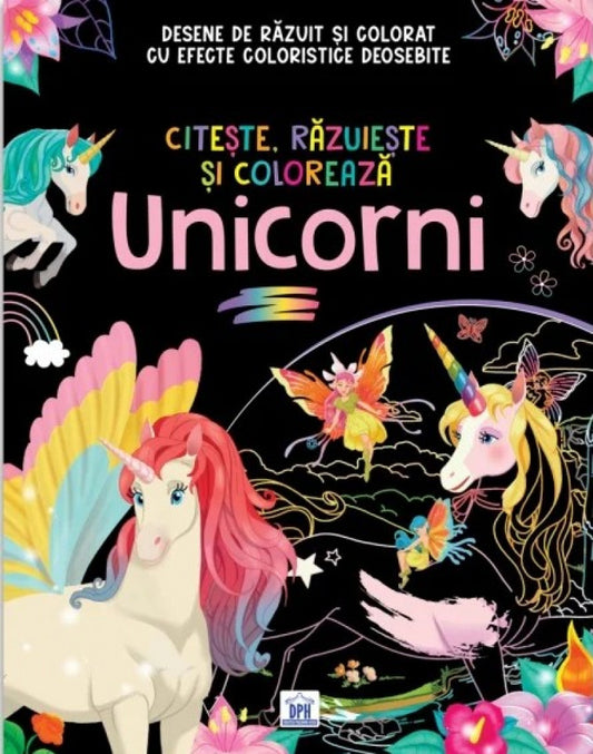 Citește, răzuiește și colorează Unicorni